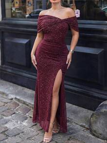 Women Plus Size Off‑Shoulder Glitter Ruched Mermaid Maxi Dress High Slit Date Night Girls Gathering Night Out Weekend Soiree Holiday Vibe Outfit - Burgundy - View 1