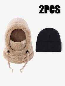 2pcs Winter Fleece Balaclava Set, Warm & Cold-Proof Hooded Scarf Mask With Knitted Beanie, Suitable For Skiing, Cycling And Outdoor Activities - Balaclava + Beanie - View 6