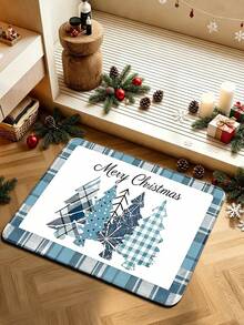 1pc Christmas Fresh Blue & White Plaid Christmas Tree Pattern Kitchen Mat, Soft & Comfortable Fabric, Thick & Padded, Easy To Clean & Washable, Foldable & Easy Care Carpet Mat, Suitable For Kitchen, Dining Room, Kitchen Carpet, Laundry Room Mat, Bathroom Carpet, Welcome Mat, Kitchen Carpet, Small Mat, Fashion Home, Christmas Home Gift Welcome Mat, Christmas Home Decor Foot Mat - Multicolor - View 3