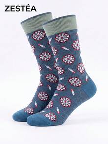 1 Pair Unisex Gray-Blue Base Dartboard And Dart Pattern Breathable Fun Mid-Calf Socks, Suitable For Daily Wear - Multicolor - View 2