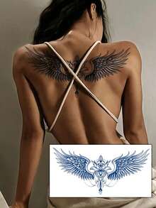 1 Set 2pcs Waterproof Butterfly Wing Tattoo Stickers, Semi-Permanent Botanical Temporary Tattoo, Sexy Waterproof Non-Reflective, Easy To Use, Suitable For Men And Women Back, Chest And Other Body Parts, Lasts 7-14 Days, Essential For Parties And Music Festivals - Blue - View 2
