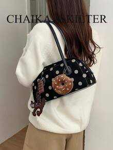 CHAIKA & KILTER 1pc Contrast Color Matte Suede Fabric Women's Vintage Fashion One Shoulder Bowling Bag, All-Over Polka Dot Pattern, Contrast Color Quilted Stitching, Dual Handle Design, Zipper Closure, Suitable For Daily And Travel Use (Includes Pendant) - Black - View 8