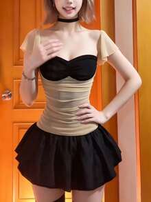 Women's Mesh Patchwork Slim Fit Versatile Daily Wear Top - Khaki - View 3