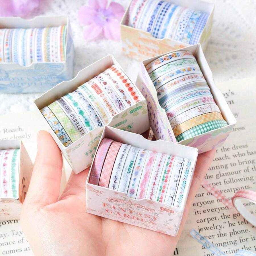 100 Rolls Boxed Slim Washi Tape Set, Fresh Floral Plaid & Text Patterns, Easy Tear & Stick, Scrapbook Border Decoration Material, DIY Collage Stickers, Multi-Color Artistic Decorative Tape
