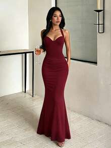 Autumn Solid Color Halter Neck Slim Fit V-Neck Dress, Elegant Women's Dress For Party And Date - Burgundy - View 2