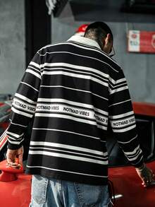 美式復古黑白對比條紋長袖 Polo 衫 男士字母印花領口休閒上衣 - 黑色 - 查看 2