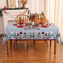 1pc Christmas Gnome Elf Snowflake Pine Branch Red Berry Print Rectangular Tablecloth, Suitable For Holiday, Party, Birthday, Dinner, Restaurant Table Decor, Christmas Home Autumn/Winter Decoration - Multicolor - View 2