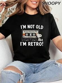 Cute Women's Short-Sleeved T-Shirt I'M NOT OLD I'M RETRO Casual Top Snoopy Print - Black - View 3