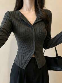 Slim Fit Asymmetrical Pleated Collar Short Base Layer Top, Spring/Autumn - Dark Grey - View 2