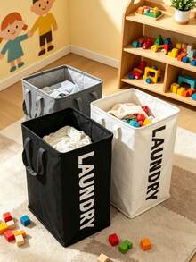 Household Fabric Storage Basket With Letter Print, Foldable Laundry Hamper With Handles, Children's Room Toy & Clothing Organizer Bin - Multicolor - View 2