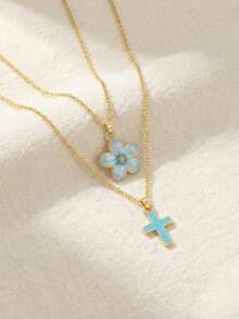 2pcs/Set Youthful Girl's Sweet Fashion Five-Leaf Flower & Cross Pendant Necklace, Suitable For Summer Beach Party, Vacation, Holiday, Date, Birthday Gift, Daily Accessory - one-size - View 9