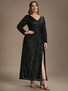 EVERPRETTY Autumn/Winter Plus Size Elegant Luxury Heavy Embellished Sequin Embroidery Straight Black Formal Evening Gown Suitable For Dinner Party Anniversary - Black - View 6