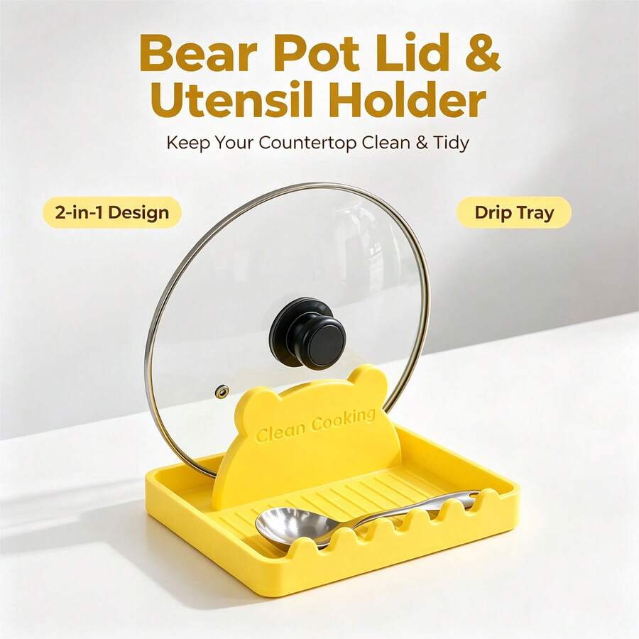 Bear-Shaped Pot Lid Holder, 2-In-1 Kitchen Utensil Rack With Drip Tray, Cute Kitchen Storage Rack For Spoons And Spatulas, Countertop Organizer - Yellow - View 1