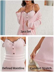 Gaun Pendek Tanpa Lengan Panjang Model Camisole Seksi Pas Badan dengan Potongan Bergaris Warna Polos untuk Wanita Musim Semi, Gugur, dan Musim Dingin, Set 2 Potong - Berwarna merah muda - View 11