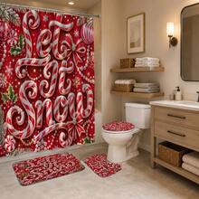 1pc/4pcs Christmas 3D Candy Cane Multi-Function Bathroom Decor Shower Curtain Set, Free 12 Hooks, Premium Holiday Atmosphere, Bathroom Mat U-Shaped Floor Mat And Round Toilet Lid Cover, Suitable For All Christmas Scenes Decoration - 3D Candy Cane - View 4