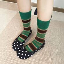 Guokr Store 여성 빈티지 스트라이프 중목양말 캐주얼 패션 2켤레 세트 사이즈 23-25cm - 그린+빈티지 - 보기 8