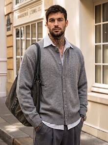 Men's Solid Light Grey V Neck Knit Cardigan, Button Down Loose Soft Layering Sweater Outerwear - Grey - View 1