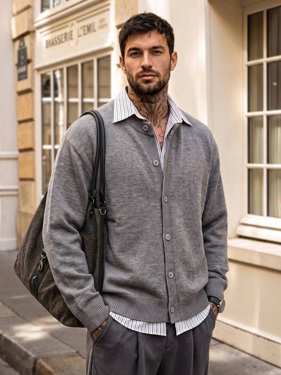 Men's Solid Light Grey V Neck Knit Cardigan, Button Down Loose Soft Layering Sweater Outerwear - Grey - View 1
