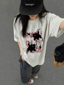 日系女式宽松休闲圆领字母卡通猫印花短袖T恤，春夏百搭 - 淺花灰 - 查看 3