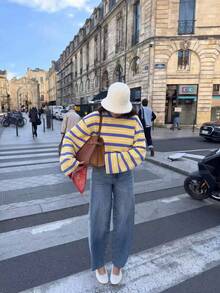 HoloChill Halloween Women's Young Influencer Casual Style Solid Color College Style Striped Knit Crew Neck Long Sleeve Top Vintage Regular Hem Ribbed Knit Sweatshirt Fall/Winter Casual 2026 New Pullover Sweatshirt Women's Autumn/Winter Outfit Women's Outing Top Women's Elegant Top Back To School Season Fall/Winter Luxury Christmas - Yellow - View 7