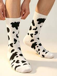 3/5/10 Pairs Men's Cow Print Mid-Calf Socks, Black And White Spotted Socks, Soft Breathable Casual Street Style Mid-Calf Socks - Black and White - View 2