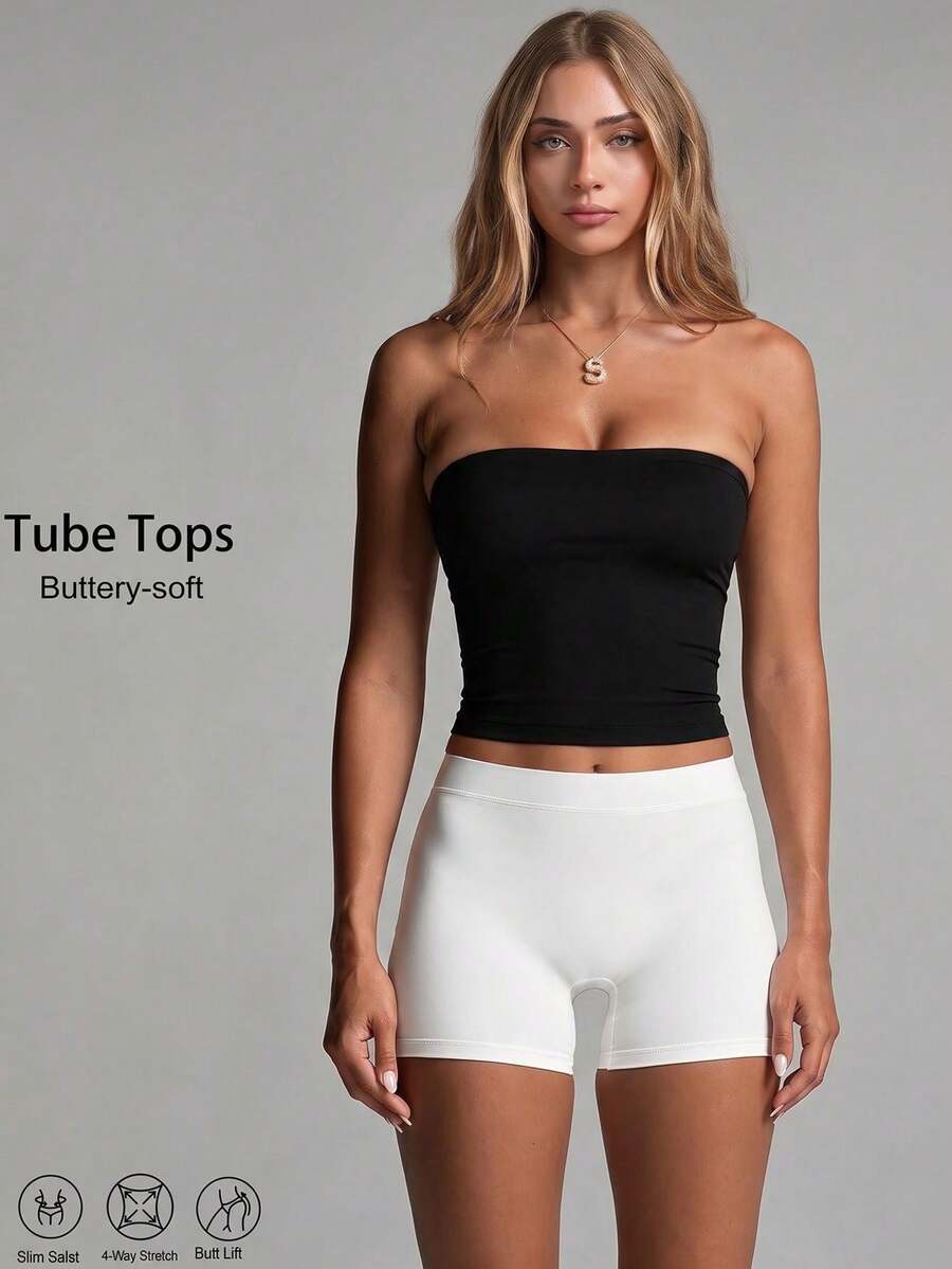 Women's Sports Casual Bandeau Crop Top, Removable Padding, Solid Color Basic Bandeau Top, Suitable For Training, Running, Yoga, Gym And Daily Wear - Black - View 1