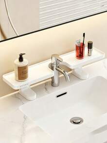 1pc Solid Color Sink Faucet Surround Storage Rack, Modern Plastic Irregular With Adjustable Split‑Tray Design, Space‑Saving Organizing Make Up Storage Organiser Bathroom Shelf, For Vanity Countertop Washroom Daily Use All‑Season Home Decor - Multicolor - View 15