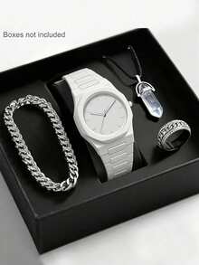4PCS Men's White Watch Set, One-Piece White Resin Strap, Minimalist Casual Style, Octagonal Minimalist Dial, Paired With Men's Bracelet, Men's Ring, Men's Crystal Pendant Necklace Full Set Of Men's Accessories, Suitable For Summer Wear, Birthday, Valentine's Day, Father's Day Gift, Luxury Gift For Boyfriend Or Son - White - View 8