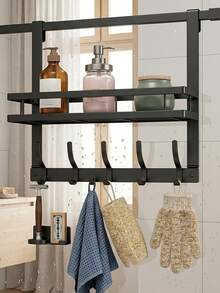 Carbon Steel Over Door Storage Rack With Hooks, Fits Bath Towels, Shampoo Bottles, Bath Loofahs And Cleaning Supplies. Perfect For Home Bathroom, Keeps Toiletries Well‑Arranged For Tidy‑Looking Bathing Area. - Multicolor - View 8