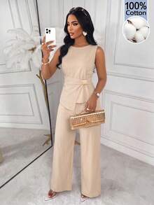 AIJ Women's Fashion Beige 2 Pieces Set, Tank Top And Wide Leg Pants, Elegant Casual Autumn Outfit, Suitable For Daily Commute, Office, Outings - Apricot - View 3