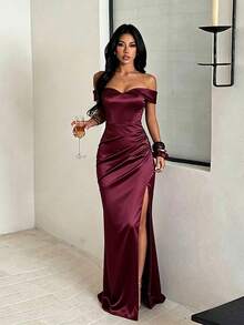 1pc Solid Color Elegant Knitted Fabric High Slit To Thigh Dress For Wedding, Vacation, Autumn - Burgundy - View 1