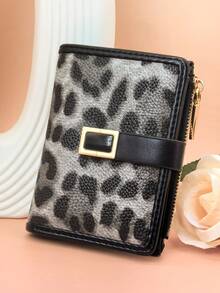 Classic Fashion Leopard Print Patchwork Short Wallet, Handheld PU Exquisite Snap Card Holder Document Organizer, Compact And Lightweight - Black - View 10