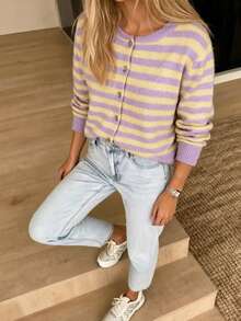 Women's Striped Knit Ribbed Button Front Long Sleeve Cardigan, Elegant Casual For Daily Wear, Country Concert, Vacation, Spring, Autumn, Winter - Purple + Yellow - View 4