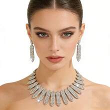 Wedding Bridal Necklace & Earrings Set, Full Rhinestone Super Sparkling Neck Chain, Evening Dress Wedding Jewelry For Women - 2 Silver - View 3