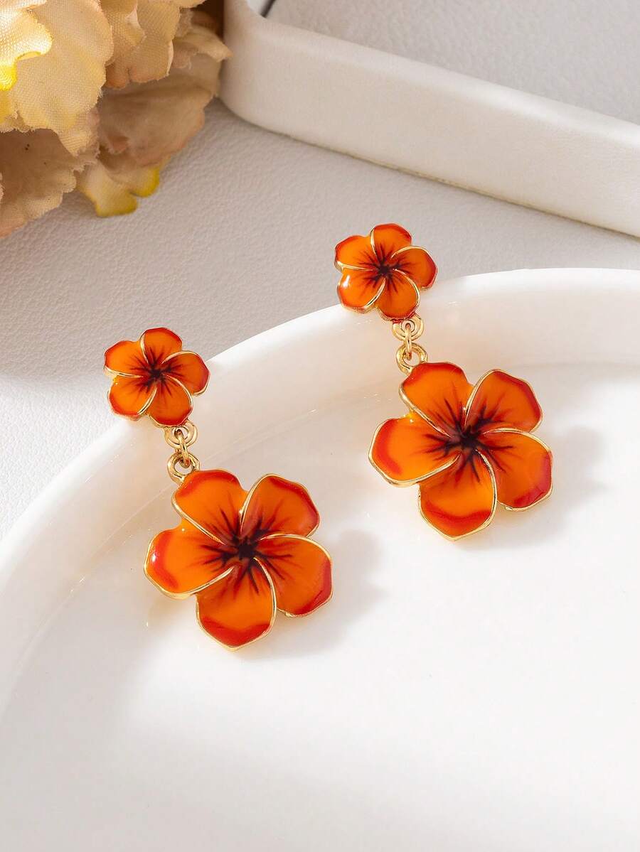 1 Pair Fashion Shiny Metal Large Hoop Earrings, Gold Hand-Painted Oil Drip Niche Pendant Earrings, Women's Casual Holiday Festival New Jewelry - Burnt Orange - View 1