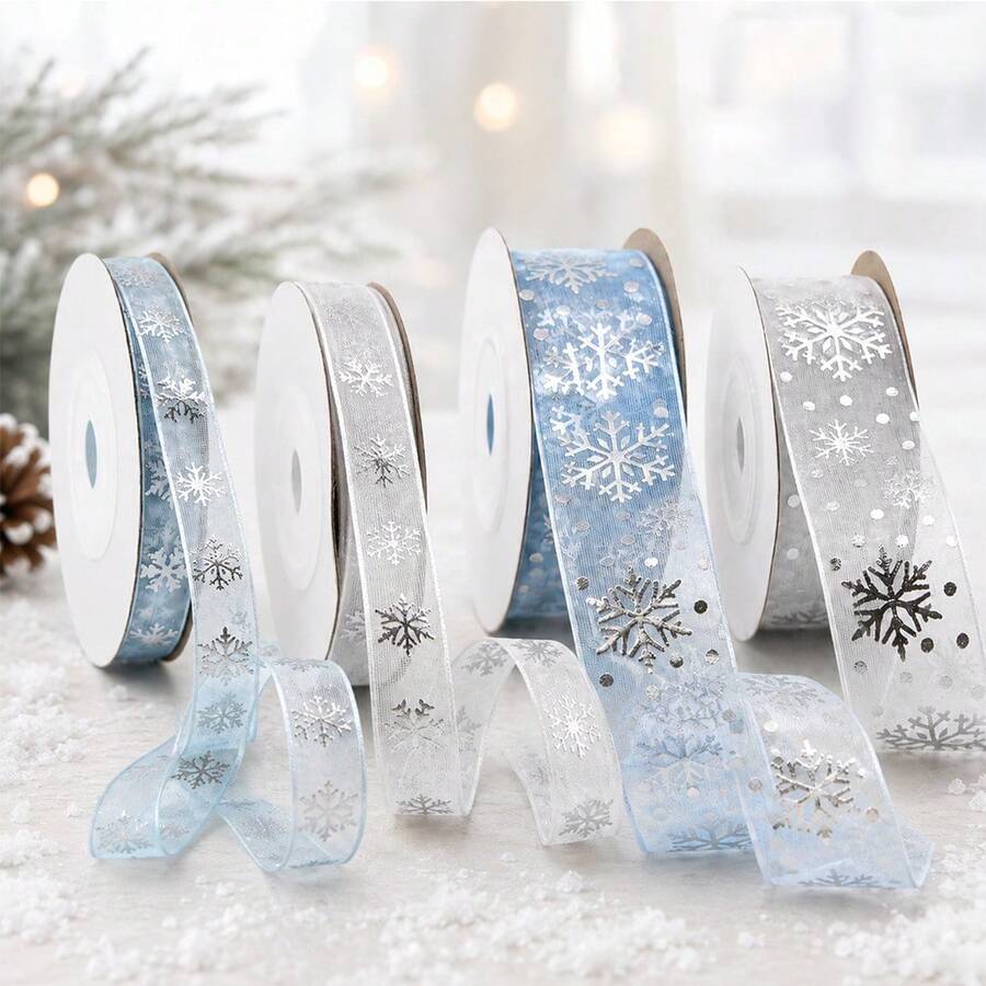 4 Rolls/1 Roll Winter Snowflake Chiffon Ribbon Silver Glitter Organza Satin Ribbon DIY Gift Wrapping Bows Christmas Tree Decoration - Multicolor - View 1