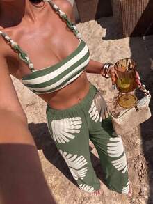 HaiiMeid 3pcs Bohemian Style Women's Bikini Set, Includes Wide Leg Pants And Abstract Leaf Print Fashion Swimsuit, Suitable For Vacation - Multicolor - View 1