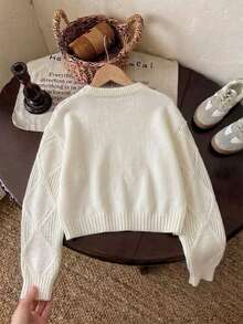 Sweater Rajut Pendek Lengan Panjang Model Kerah Bulat Berlubang Berlian Warna Polos Minimalis untuk Anak Perempuan, Cocok untuk Pakaian Kasual di Musim Semi, Gugur, dan Dingin - Aprikot - View 3