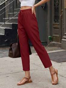 Jisfaneya Women's Solid-Color Drawstring Waist Casual Pants With Pockets - Burgundy - View 5