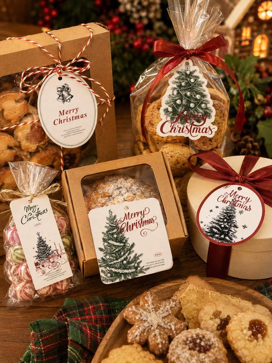 1 Set Label Kemasan Makanan Natal Vintage, Berbagai Bentuk Pohon & Bulat, Cocok Untuk Kotak Kue, Kantong Kue Kering, Pembungkus Kado, Dekorasi Pesta - MultiWarna - View 1