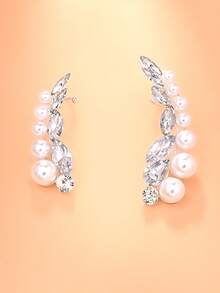 FAAABULS 1 Pair Elegant Bridal Silver Pearl Marquise Rhinestone Ear Clips, Women's Wedding Wear - Silver - View 2
