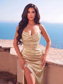 Women's Elegant Strapless Formal Evening Gown With Ruched Bust & High Slit, Perfect For Galas, Formal Dinners, Wedding Receptions & Concerts - Champagne - View 3
