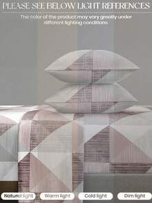 4-Piece Pink & Gray Triangle Patchwork Bedding Set, Easy Care Soft Bedding Set, Includes 1 Flat Sheet + 1 Fitted Sheet + 2 Pillowcases, King/Queen/Full/Twin Size, Deep Pocket Fits Up To 11.8 Inches, Back To School Dorm Bedding - Pink - View 6