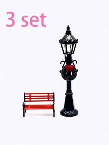 Mini Christmas Street Lamp & Park Bench Set, Holiday Use, Vintage Black Floral Lamp & Mini Wooden Bench, Winter Miniature Landscape 3D Decoration, Suitable For Christmas Desktop Fairy Garden Decor - Multicolor - View 13