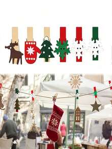 10/15pcs Wooden Christmas Clips Set, For Hanging Photos, Wedding Decor, Party Gifts, Christmas Tree, Gloves, Reindeer And Snowflakes, No Power Needed Multi-Functional Holiday Decoration, Suitable For Easter And Christmas - Multicolor - View 1