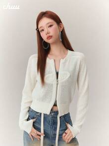 CHUU Letter Zipper Long Sleeve Knit Cardigan Women Spring Autumn Light Blue Round Neck Short Jacket Top - White - View 1