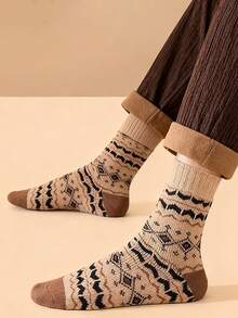 5 Pairs Women's Fair Isle Thermal Lined Thick Mid-Calf Socks, Retro Mori Style, Autumn/Winter - Multicolor - View 6
