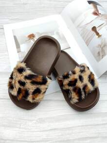 1 Pair Girls Leopard Print Slippers, Fashionable And Cute Flat Slippers, Suitable For Indoor And Outdoor Wear All Seasons - Chocolate Brown - View 2