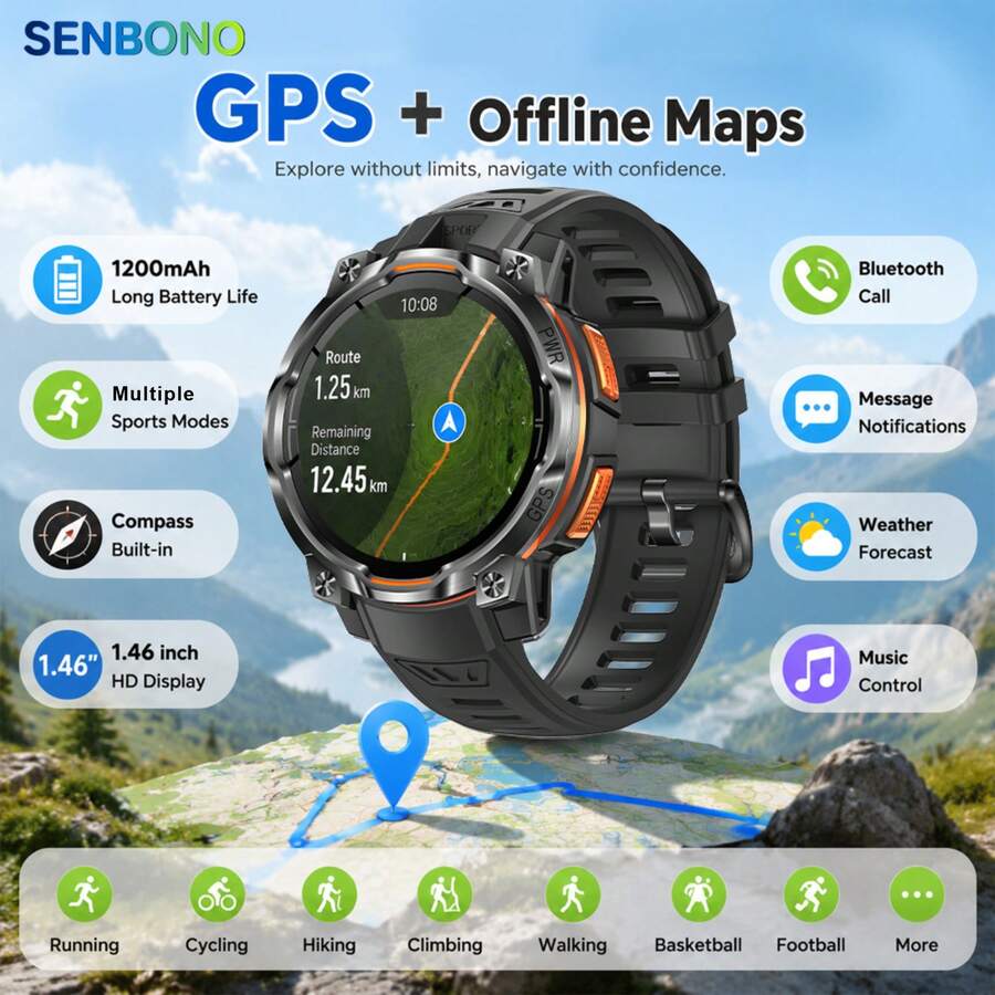 SENBONO High-Precision GPS Smartwatch With Wireless Calling And Compass, 14.6-Inch High-Definition Display Screen, Multiple Exercise Modes, Outdoor Sports, Heart Rate/Blood Pressure/Sleep Monitoring, Outdoor Watch, Christmas/Halloween - View 1
