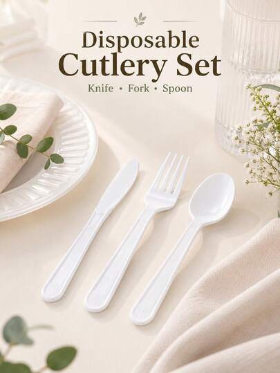 Juego de cubiertos desechables minimalista con diseño resistente a roturas de alta resistencia, utensilios de plástico blanco elegante para organizadores de eventos, cuchillo, tenedor y cuchara resistentes, ideal para picnics al aire libre, bodas y cenas, accesorios de cocina y suministros para fiestas